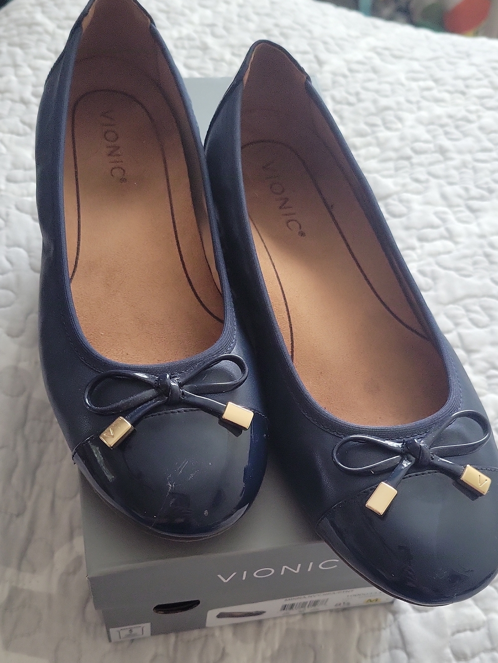 Vionic Navy Patent Cap-Toe Ballet Flats with Bow